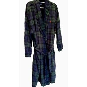 Polo Ralph Lauren Bath Robe Mens Large/  XL Navy Blue Tartan Plaid Lightweight